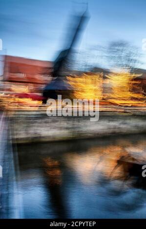 Artphoto, Intentional Camera Movement, city view, Lüneburg, old town, water district, landmark, illuminated, old crane, Am Stintmarkt, Am Fischmarkt, Stock Photo