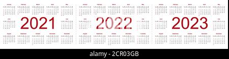 Set of minimalist calendars, years 2021, 2022, 2023, weeks start Sunday. Isolated vector illustration on white background. Stock Vector