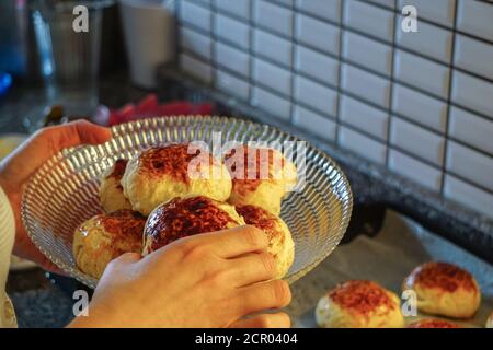 Homemade freshly baked dough pastry close up view Stock Photo