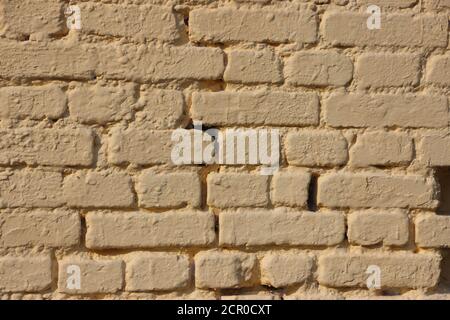 old gringe vintage weathered brick wall texture painted into solid pale yellow Stock Photo