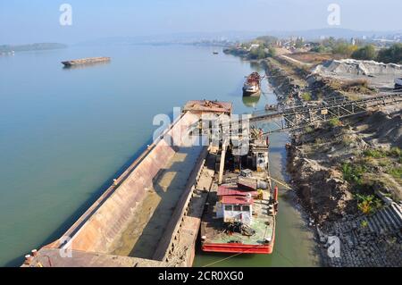Barge on Danube river near Belgrade preparing  for loading gravel, Begrade, Serbia Stock Photo