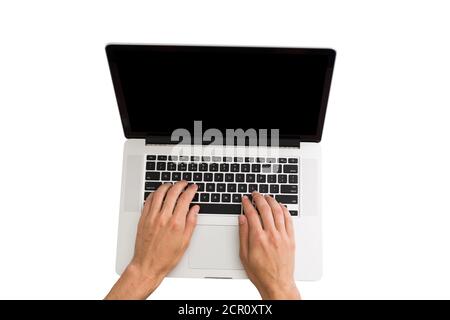 Man hands working on the laptop, photo taken with first person view - isolated on white Stock Photo