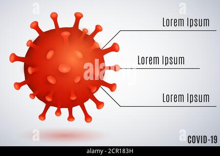 Infographics for medical research of bacteria Covid-19. Realistic 3D virus. Chinese pandemic. Dangerous cellular infection. Scientific banner for your Stock Vector