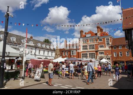 General view of Market Square on a busy summer afternoon (during the 2020 Covid-19 pandemic) Saffron Walden, Essex, UK. Stock Photo