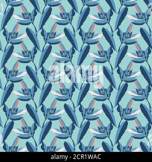 Vector floral seamless pattern. Blue stems, flowers and leaves. Stock Vector