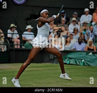 Cori Gauff (US) during her Wimbledon game versus Polona Hercog (POL)  which she won 3/6 7/6 (9/7) 7/5 on the third round in July 5th, 2019 Stock Photo