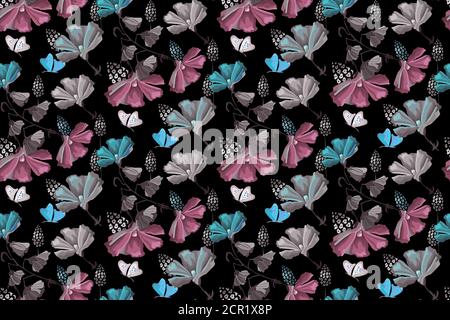 Delicate floral seamless pattern. Vector blue, pink flowers and butterflies. Stock Vector