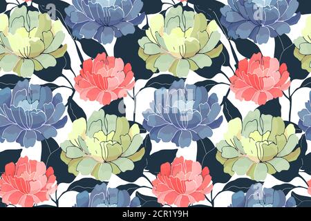 Vector floral seamless pattern. Pink, yellow, blue garden flowers. Stock Vector