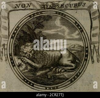 . Emblemes ou devises chretiennes : ouvrage mêlé de prose & de vers, et enrichi de figures .. . 71 EMBLEME XVIL. lliiefi fus e^ fureté. Malgré la force & fon coin âge ,Par un vil animal le Lion eft dompté ;Aiuii lon voit tomber le Chrétien le plus fageDans le tems quil fe croit le plus en fureté» m EMBLEME XVII, yy Stock Photo