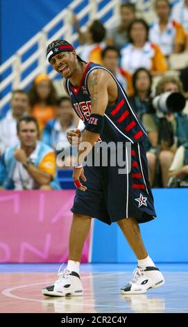 Allen Iverson of the . reacts to being fouled during their men's  basketball semi-final against Argentina at the Athens 2004 Olympic Games,  August 27, 2004. Argentina won the game 89-81. REUTERS/Lucy Nicholson