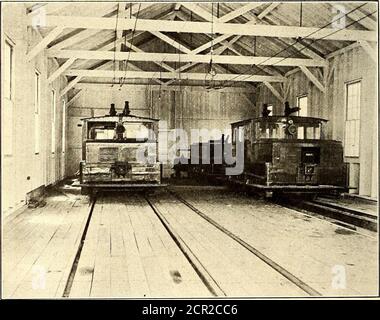 . The Street railway journal . SPECIAL TROLLEY-WIRE FITTINGS The trolley is interrupted by section insulators of ordinarypattern, with a break 27 ins. long. Around each section insula-tor is a jumper, into which is connected a special automaticcircuit breaker, made by the Cutter Electric Company, of Phila-delphia, for this work, and arranged so that excessive current. LOCOMOTIVE REPAIR SHOP in either wire will open both breakers so that any trolley sectionwhich becomes grounded or crosses will automatically cutitself out of the circuit. No auxiliary feeders are used if parallel with the trolle Stock Photo