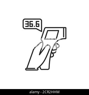 Infrared thermometer measures temperature black line icon. Safe travel. Pictogram for web, mobile app, promo. UI UX design element. Stock Vector