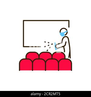 Cinema hall disinfection color line icon. Cleaning service. Worker in protective suit with disinfector sprayer. Pictogram for web, mobile app, promo Stock Vector