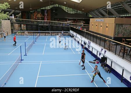 Tennis Courts, Sports Plaza, Center Parcs Longleat Forest, Warminster, Wiltshire, England, Great Britain, United Kingdom, UK, Europe Stock Photo