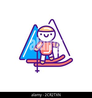 Ski tourism line color icon. Cute character skiing kawaii pictogram. Sign for web page, mobile app, button, logo. Vector isolated element. Editable Stock Vector