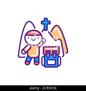 Pilgrimage line color icon. Cute character with backpack kawaii pictogram. Sign for web page, mobile app, button, logo. Vector isolated element Stock Vector