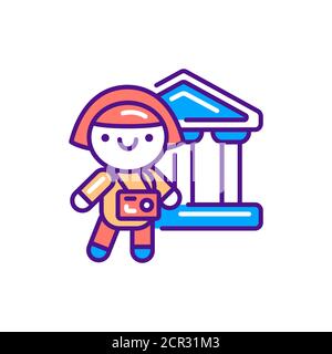 Cultural and educational tourism line color icon. Cute girl with camera kawaii pictogram. Sign for web page, mobile app, button, logo. Vector isolated Stock Vector