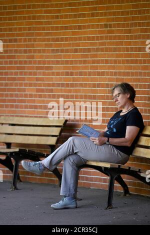 Woman sitting on bench, reading book, Moorish Garden, Wilhelma Zoological-Botanical Garden, Stuttgart, Baden-Württemberg, Germany Stock Photo