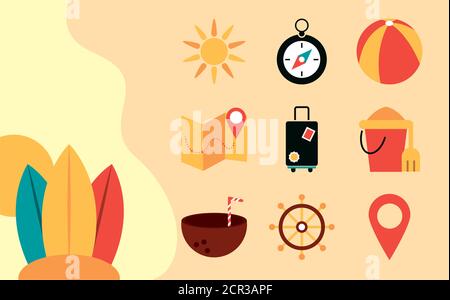 summer vacation travel, tropical beach tourism surfboard compass map suitcase icons flat style vector illustration Stock Vector