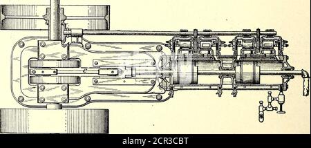 . The Street railway journal . FIGS. I AND 2—CROSS SECTION THROUGH VALVE AND HORIZONTAL SECTION AND PLAN OF ENGINE ended cylinder one impulse during two revolutions. The specialfeatures deserving, perhaps, first mention, are the valve and valvegear. There is only one valve for both admission and exhaust,and this valve is a hollow cylinder of cast-iron, chilled and ground.The interior of the valve is open to the engine cylinder and asthe valve turns in the valve chest, an opening in the valve alter-nately connects the cylinder with an admission and an exhaustport. A cross section through this v Stock Photo