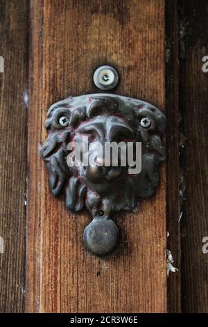 old metal lion door knocker on an unpainted wooden door Stock Photo
