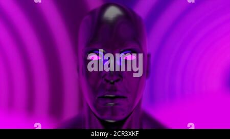 Human head with iridescent glare in front of geometric neon, 3d rendering. Computer generated virtual background. Stock Photo