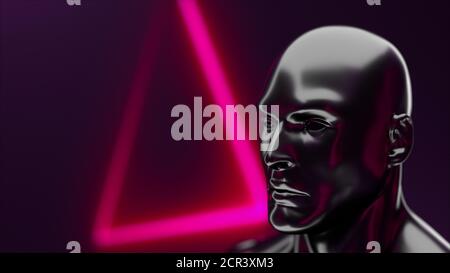 Human head with iridescent glare in front of geometric neon, 3d rendering. Computer generated virtual background. Stock Photo