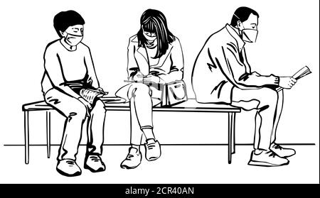 Sketch Group of people wearing a mask sitting in a waiting room. Hand drawn black line vector illustration Stock Vector