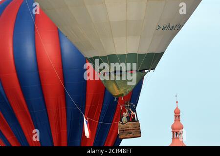 Mlada Boleslav, Czech Republic. 19th Sep, 2020. Hot air balloons fly from Mlada Boleslav Airport on the week that will see the 18th Czech Hot-air Balloons Festival will take place in Bela pod Bezdezem (70 kilometers north of Prague), as balloonists from Czech Republic and Germany gather at what is the next balloon event in this year in the Czech Republic. Credit: Slavek Ruta/ZUMA Wire/Alamy Live News Stock Photo