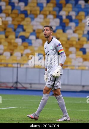 KYIV, UKRAINE - AUGUST 5, 2020: Goalkeeper Koen Casteels of VfL Wolfsburg in action during the UEFA Europa League game against Shakhtar Donetsk at NSC Olimpiyskyi stadium in Kyiv, Ukraine Stock Photo