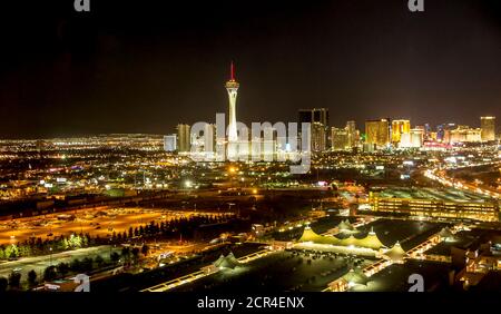 The Las Vegas Strip seen at night from the rooftop overlook of the World Market Center. Stock Photo