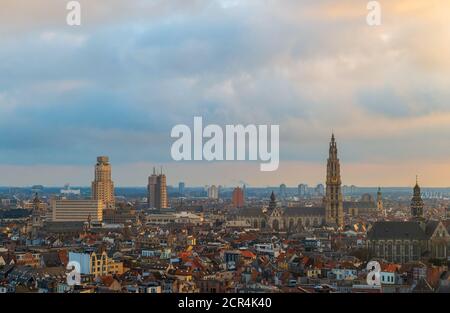 Cityscape of Antwerpen (Antwerp) at sunset with the cathedral tower, Belgium. Stock Photo