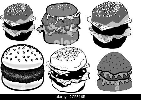 Assorted burger illustrations and badges on transparent background Stock Vector