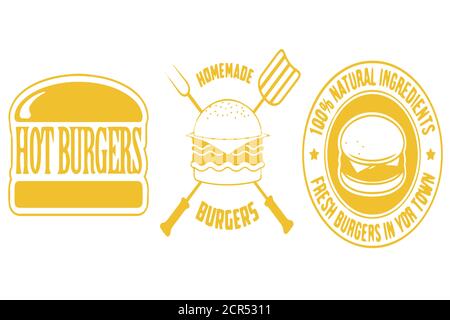 Assorted burger illustrations and badges on transparent background Stock Vector