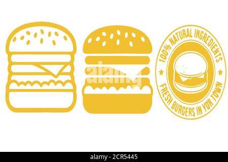 Assorted burger illustrations and badges on transparent background Stock Vector