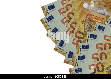 50 euro bills lies isolated on white background with copy space. Rich life conceptual background. Big amount of national currency wealth Stock Photo