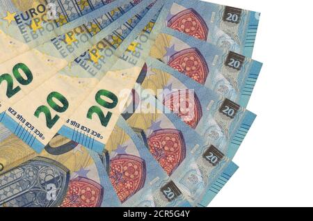 20 euro bills lies isolated on white background with copy space stacked in fan shape close up. Financial transactions concept Stock Photo