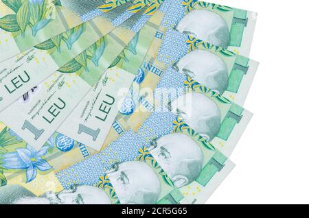 1 Romanian leu bills lies isolated on white background with copy space stacked in fan shape close up. Financial transactions concept Stock Photo