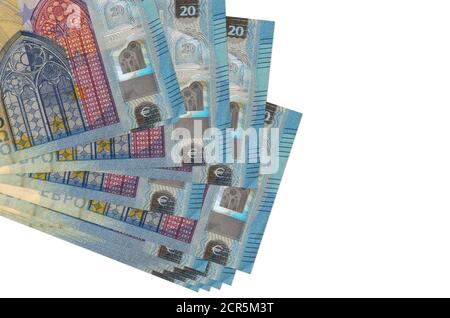 20 euro bills lies in small bunch or pack isolated on white. Mockup with copy space. Business and currency exchange concept Stock Photo