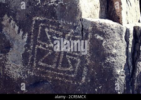 Three Rivers Petroglyph Site in New Mexico, prehistoric Jornada Mogollon rock art. Stock Photo