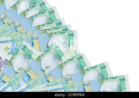 1 Romanian leu bills lies isolated on white background with copy space stacked in fan close up. Payday time concept or financial operations Stock Photo