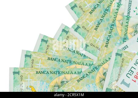 1 Romanian leu bills lies in different order isolated on white. Local banking or money making concept. Business background banner Stock Photo