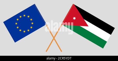 Crossed flags of Jordan and the EU. Official colors. Correct proportion. Vector illustration Stock Vector