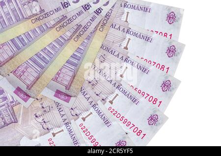 50000 Romanian leu bills lies isolated on white background with copy space stacked in fan shape close up. Financial transactions concept Stock Photo