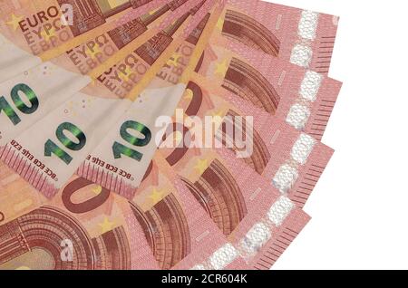 10 euro bills lies isolated on white background with copy space stacked in fan shape close up. Financial transactions concept Stock Photo