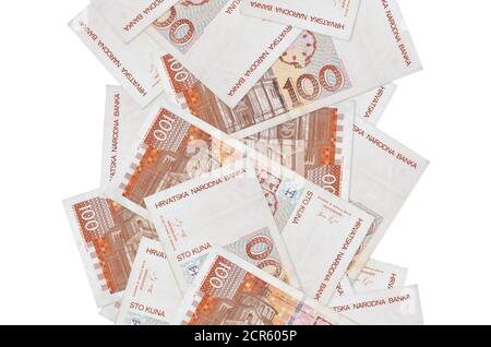 100 Croatian kuna bills flying down isolated on white. Many banknotes falling with white copy space on left and right side Stock Photo
