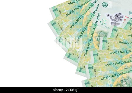 1 Romanian leu bills lies isolated on white background with copy space. Rich life conceptual background. Big amount of national currency wealth Stock Photo