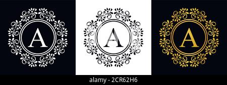 Gold letter A. Vintage set black, white and golden flower ornament initial letters.  Alphabet. Logo vector Stock Vector