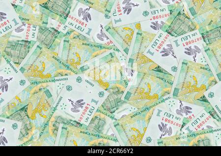 1 Romanian leu bills lies in big pile. Rich life conceptual background. Big amount of money Stock Photo