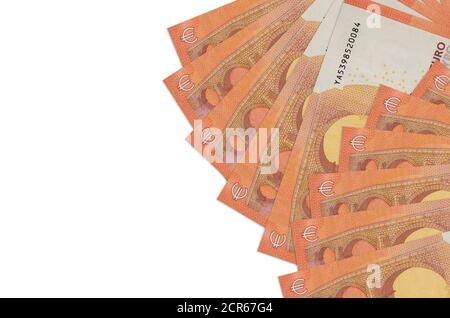 10 euro bills lies isolated on white background with copy space. Rich life conceptual background. Big amount of national currency wealth Stock Photo